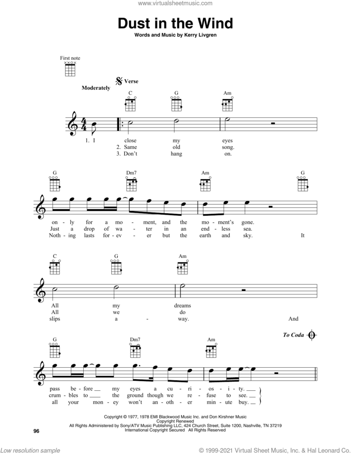 Dust In The Wind sheet music for baritone ukulele solo by Kansas and Kerry Livgren, intermediate skill level