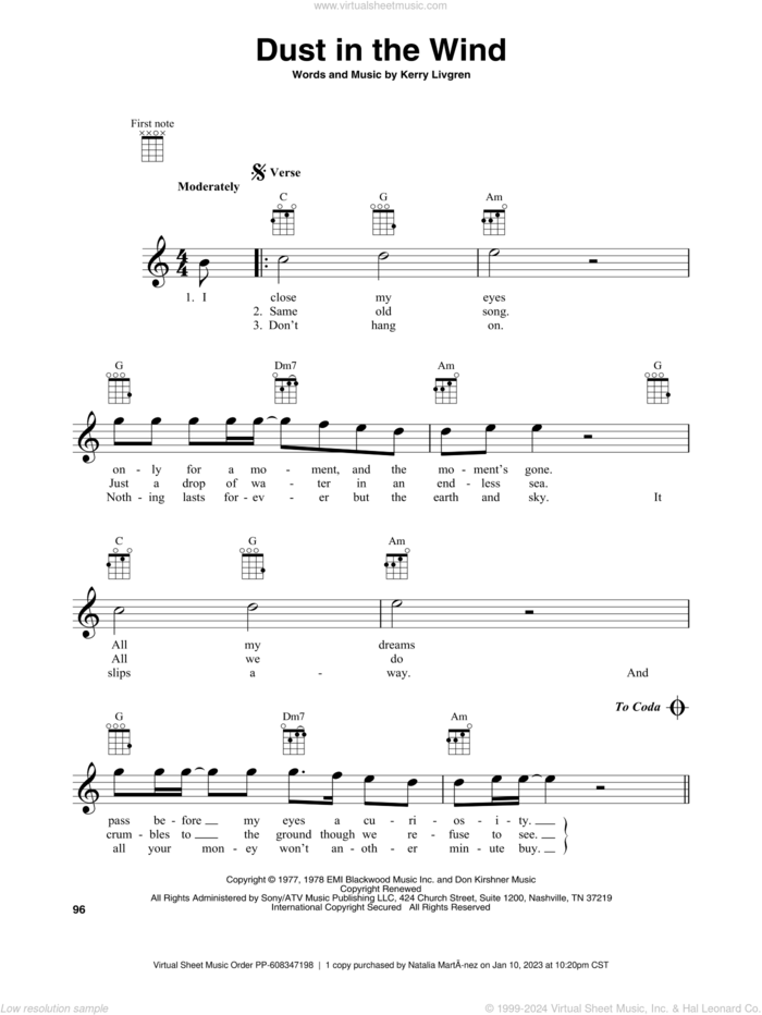 Dust In The Wind sheet music for baritone ukulele solo by Kansas and Kerry Livgren, intermediate skill level