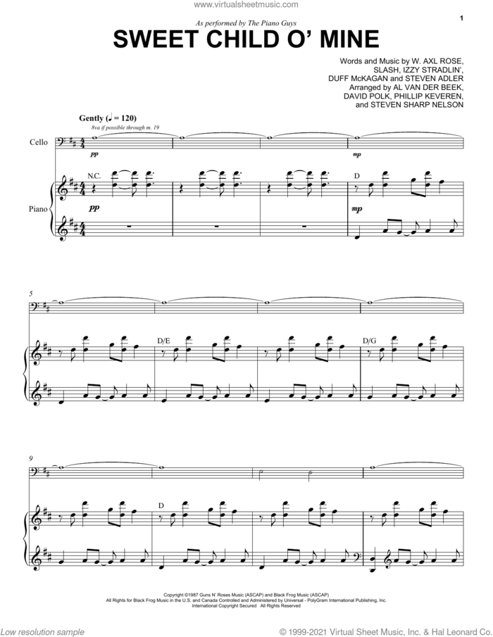 Sweet Child O' Mine sheet music for cello and piano by The Piano Guys, Axl Rose, Duff McKagan, Slash and Steven Adler, intermediate skill level