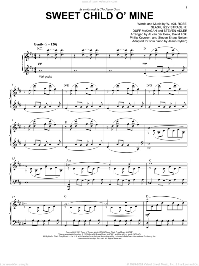 Sweet Child O' Mine sheet music for piano solo by The Piano Guys, Axl Rose, Duff McKagan, Slash and Steven Adler, intermediate skill level