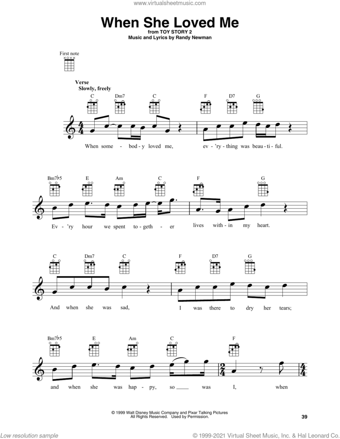 When She Loved Me (from Toy Story 2) sheet music for baritone ukulele solo by Sarah McLachlan and Randy Newman, intermediate skill level