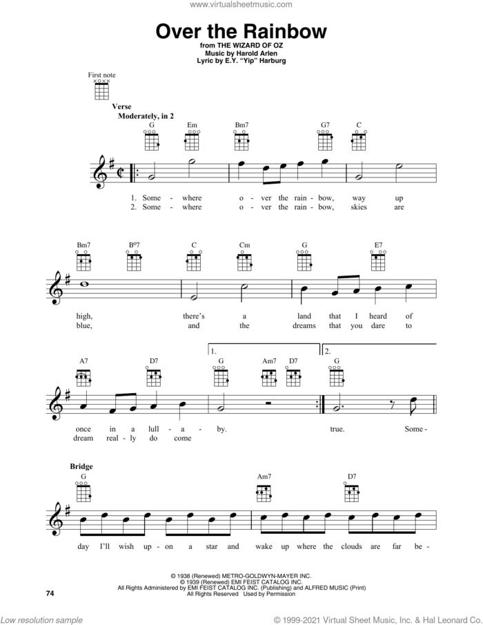 Over The Rainbow sheet music for baritone ukulele solo by Harold Arlen and E.Y. Harburg, intermediate skill level