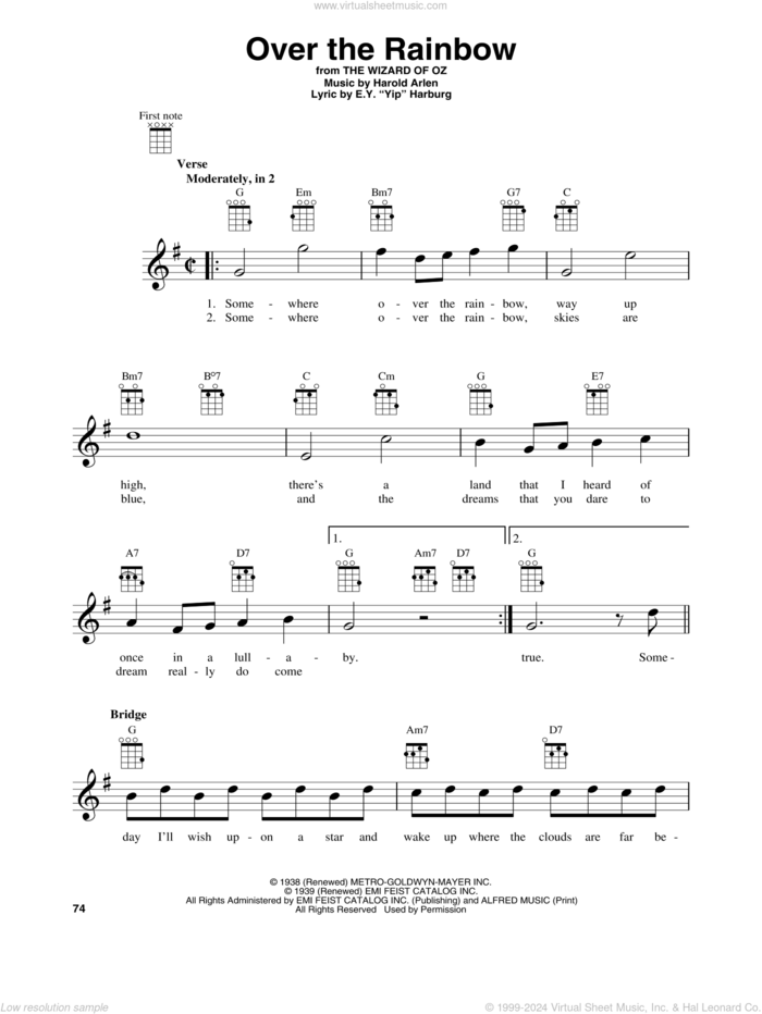 Over The Rainbow sheet music for baritone ukulele solo by Harold Arlen and E.Y. Harburg, intermediate skill level