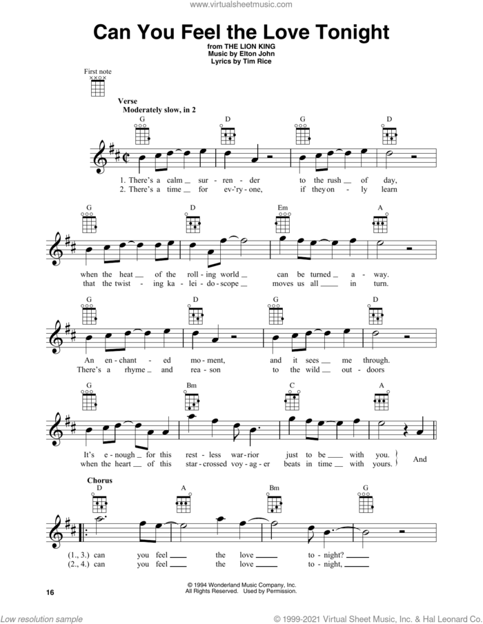 Can You Feel The Love Tonight (from The Lion King) sheet music for baritone ukulele solo by Elton John and Tim Rice, wedding score, intermediate skill level