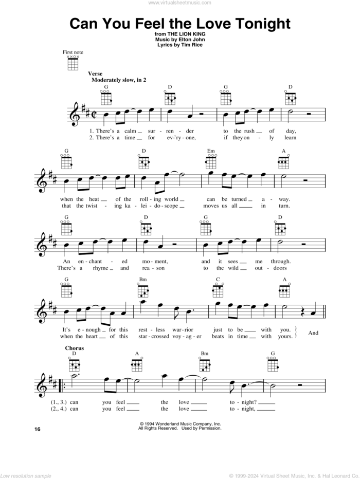 Can You Feel The Love Tonight (from The Lion King) sheet music for baritone ukulele solo by Elton John and Tim Rice, wedding score, intermediate skill level