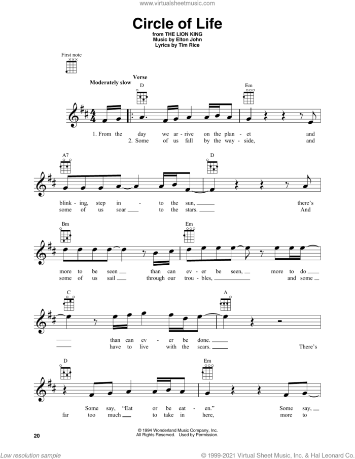 Circle Of Life (from The Lion King) sheet music for baritone ukulele solo by Elton John and Tim Rice, intermediate skill level