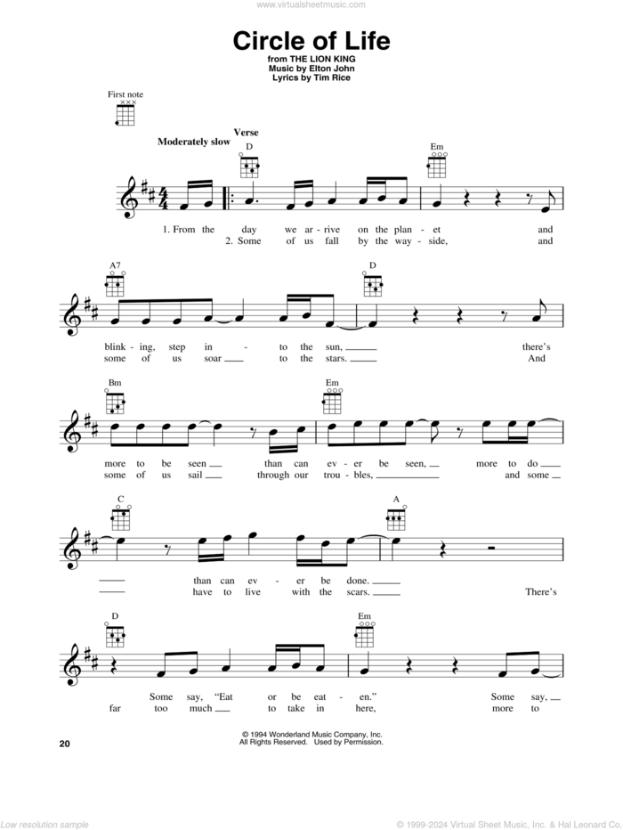 Circle Of Life (from The Lion King) sheet music for baritone ukulele solo by Elton John and Tim Rice, intermediate skill level