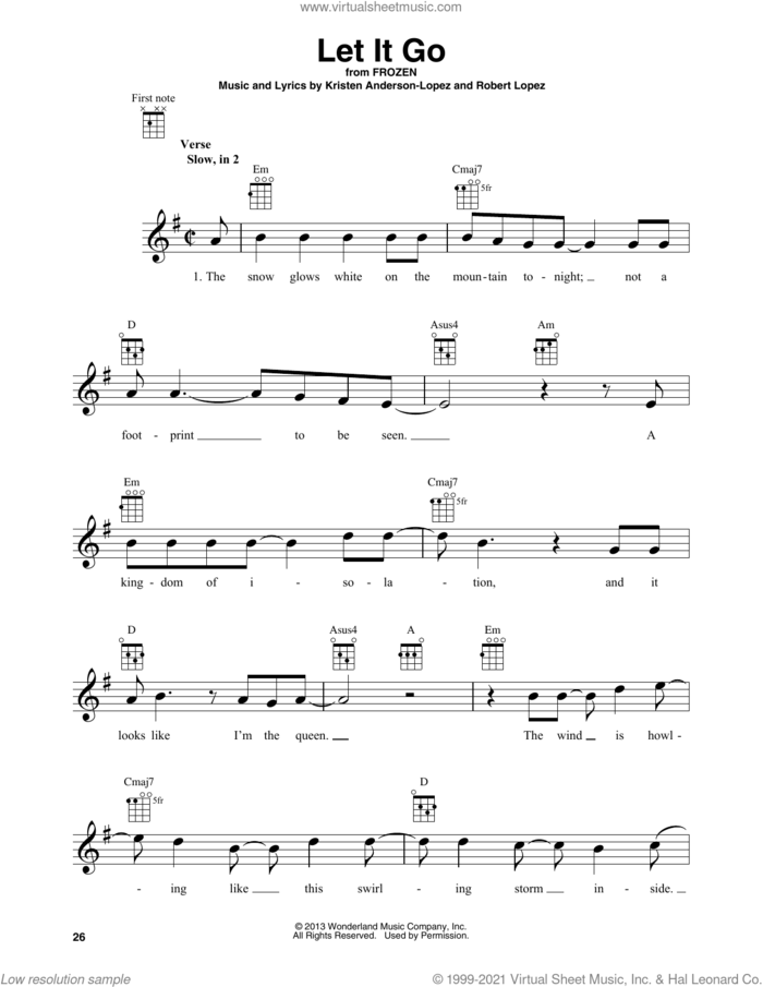 Let It Go (from Disney's Frozen) sheet music for baritone ukulele solo by Idina Menzel, Kristen Anderson-Lopez and Robert Lopez, intermediate skill level