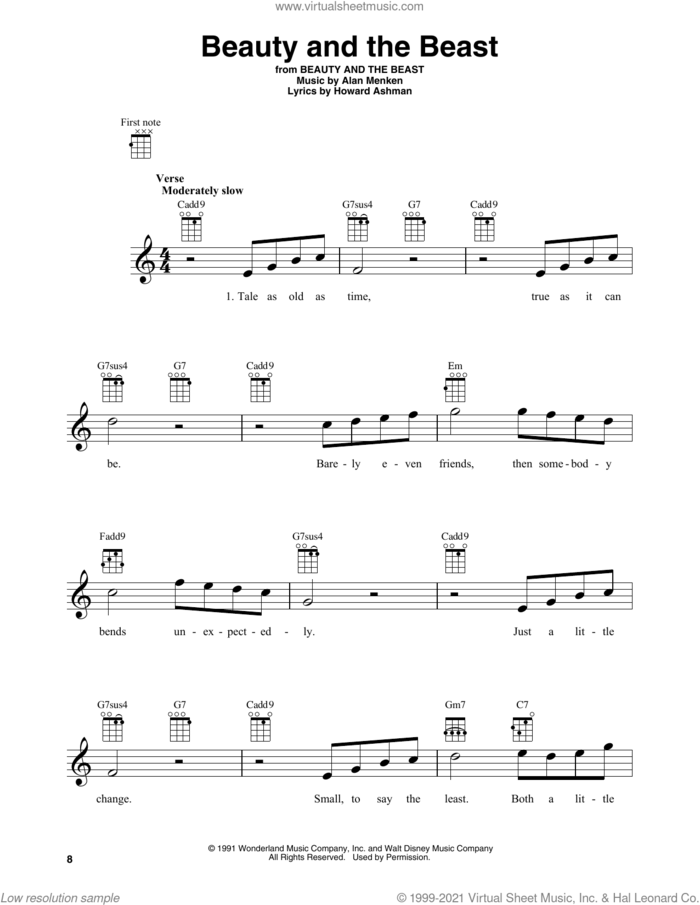 Beauty And The Beast sheet music for baritone ukulele solo by Alan Menken, Alan Menken & Howard Ashman and Howard Ashman, wedding score, intermediate skill level