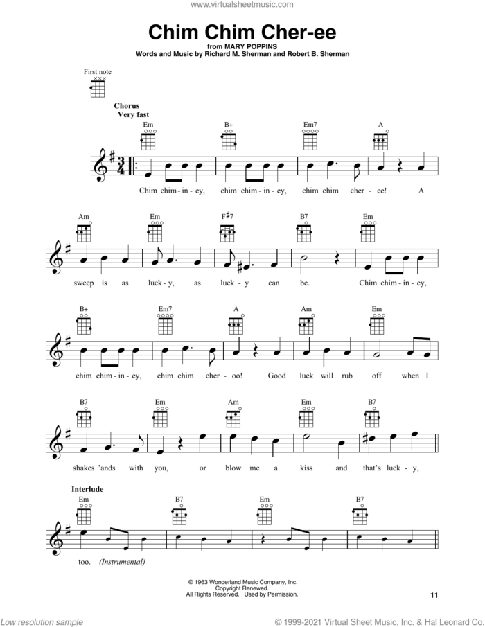 Chim Chim Cher-ee (from Mary Poppins) sheet music for baritone ukulele solo by Dick Van Dyke, Richard M. Sherman, Robert B. Sherman and Sherman Brothers, intermediate skill level