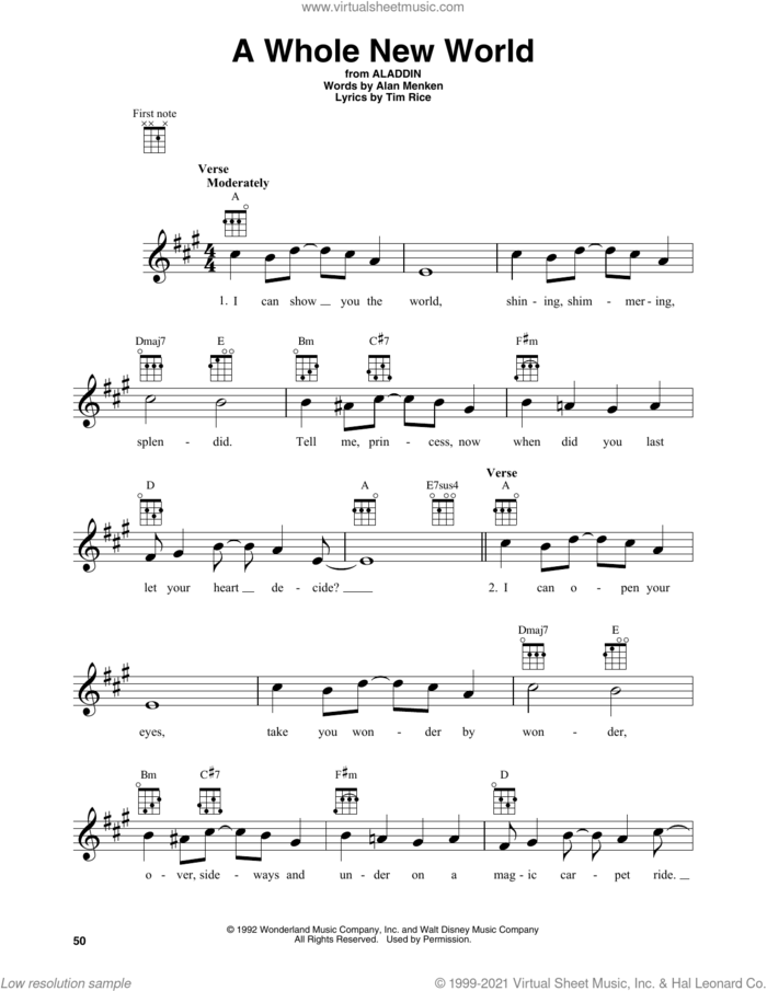 A Whole New World (from Aladdin) sheet music for baritone ukulele solo by Alan Menken, Alan Menken & Tim Rice and Tim Rice, wedding score, intermediate skill level
