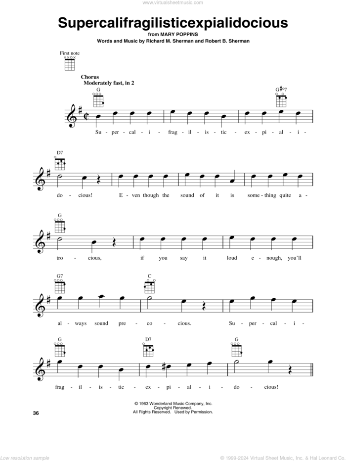 Supercalifragilisticexpialidocious (from Mary Poppins) sheet music for baritone ukulele solo by Julie Andrews, Richard M. Sherman, Robert B. Sherman and Sherman Brothers, intermediate skill level