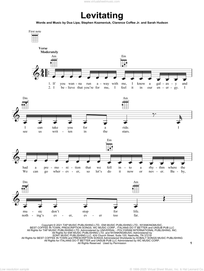 Levitating sheet music for ukulele by Dua Lipa, Clarence Coffee Jr., Sarah Hudson and Stephen Kozmeniuk, intermediate skill level