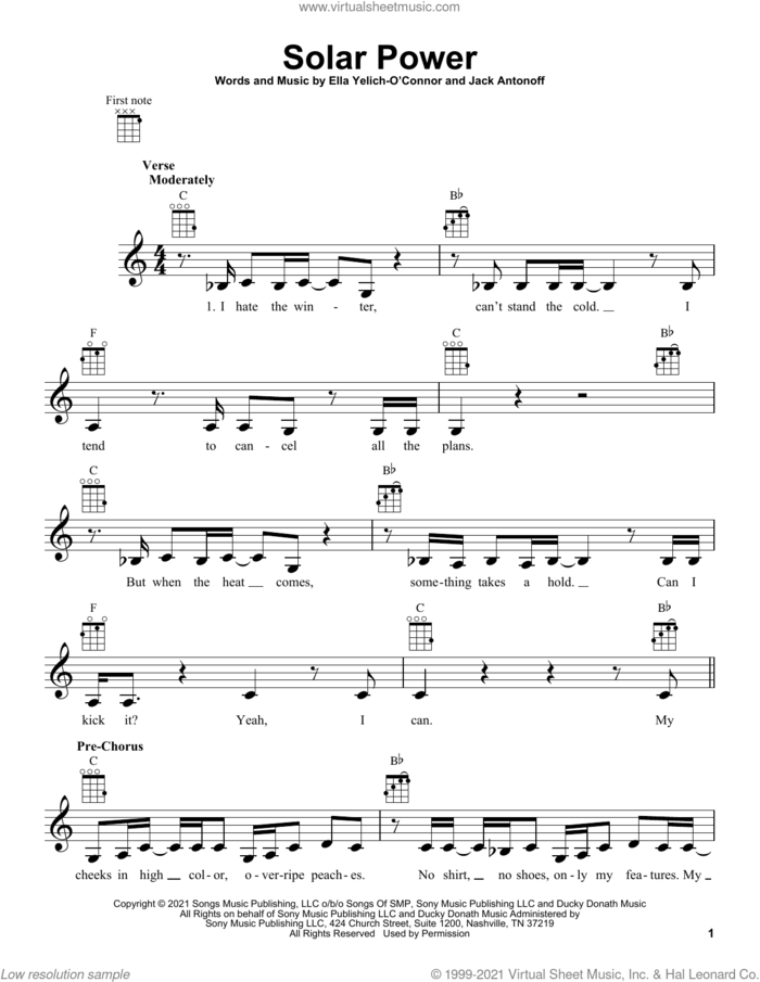 Solar Power sheet music for ukulele by Lorde and Jack Antonoff, intermediate skill level