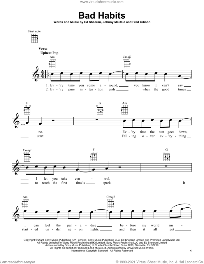 Bad Habits sheet music for ukulele by Ed Sheeran, Fred Gibson and Johnny McDaid, intermediate skill level