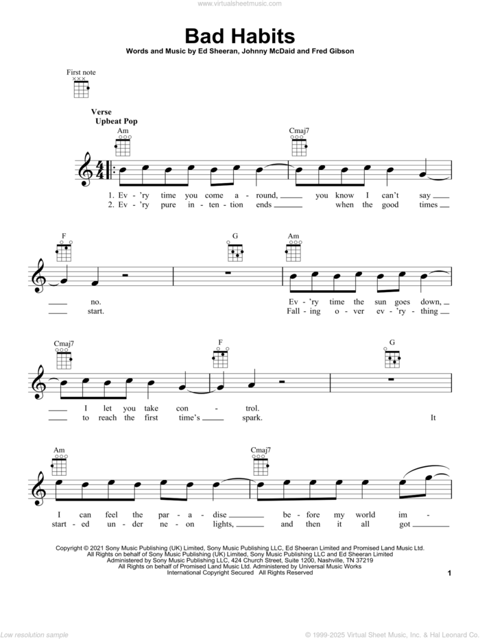 Bad Habits sheet music for ukulele by Ed Sheeran, Fred Gibson and Johnny McDaid, intermediate skill level