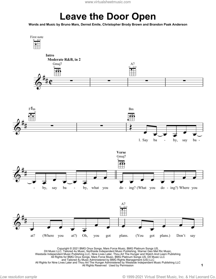Leave The Door Open sheet music for ukulele by Silk Sonic, Brandon Paak Anderson, Bruno Mars, Christopher Brody Brown and Dernst Emile, intermediate skill level