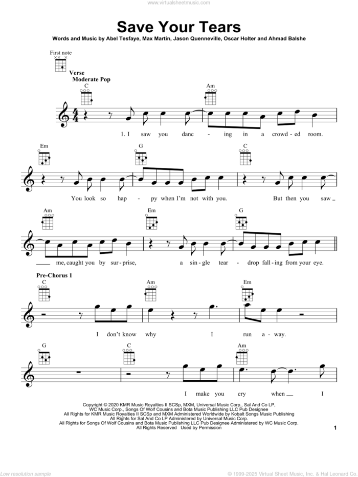 Save Your Tears sheet music for ukulele by The Weeknd, Abel Tesfaye, Ahmad Balshe, Jason Quenneville, Max Martin and Oscar Holter, intermediate skill level