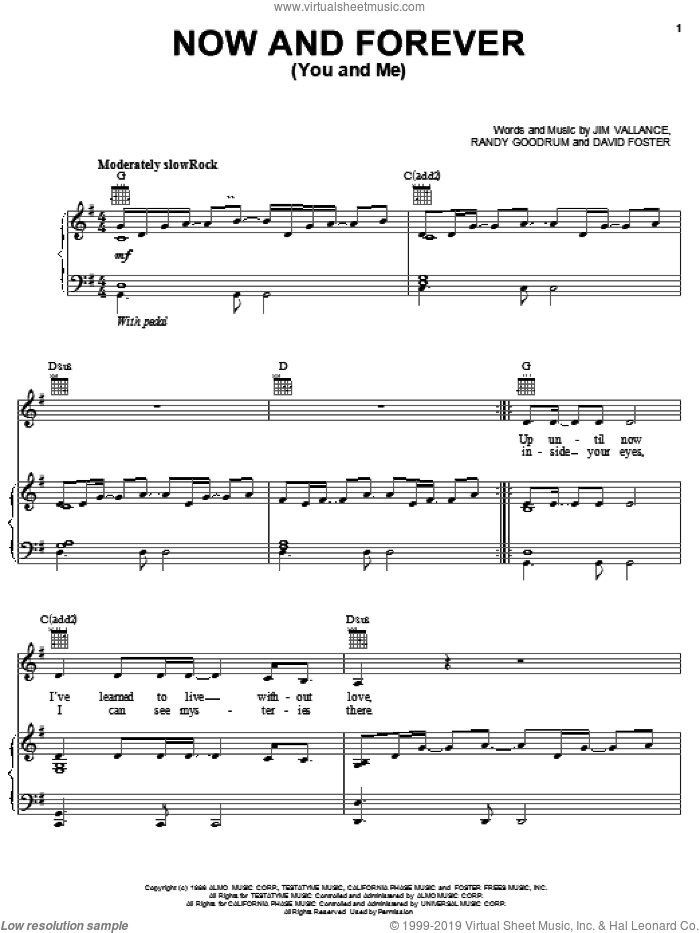 Now And Forever (You And Me) sheet music for voice, piano or guitar by Randy Goodrum, David Foster and Jim Vallance, wedding score, intermediate skill level