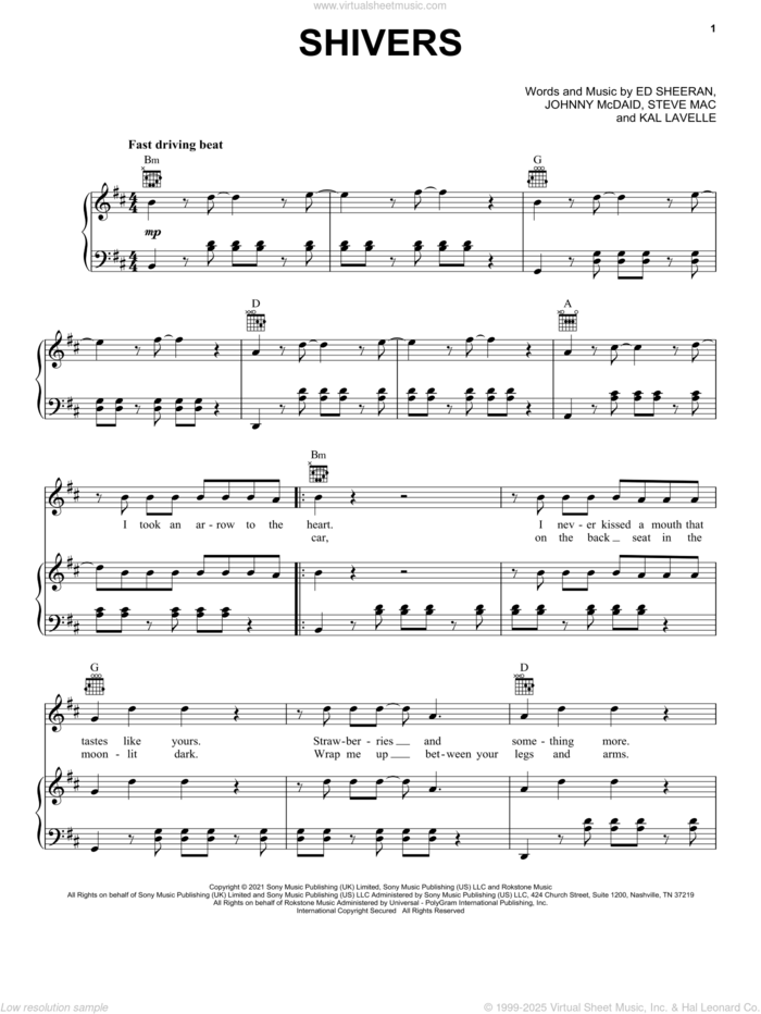 Shivers sheet music for voice, piano or guitar by Ed Sheeran, Johnny McDaid, Kal Lavelle and Steve Mac, intermediate skill level