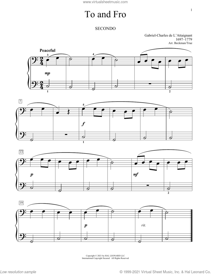 To And Fro sheet music for piano four hands by Gabriel De L'attaignant, Bradley Beckman and Carolyn True, classical score, intermediate skill level