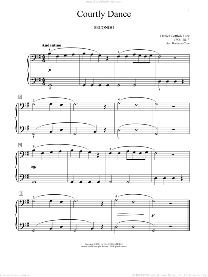 Courtly Dance sheet music for piano four hands by Daniel Gottlob Turk, Bradley Beckman, Carolyn True and Daniel Gottlob Turk, classical score, intermediate skill level