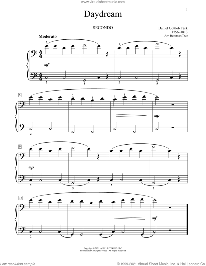 Daydream sheet music for piano four hands by Daniel Gottlob Turk, Bradley Beckman and Carolyn True, classical score, intermediate skill level