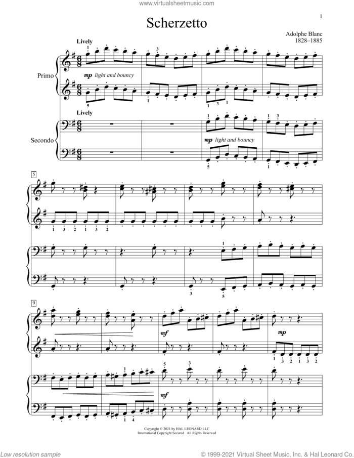 Scherzetto sheet music for piano four hands by Adolphe Blanc, Bradley Beckman and Carolyn True, classical score, intermediate skill level