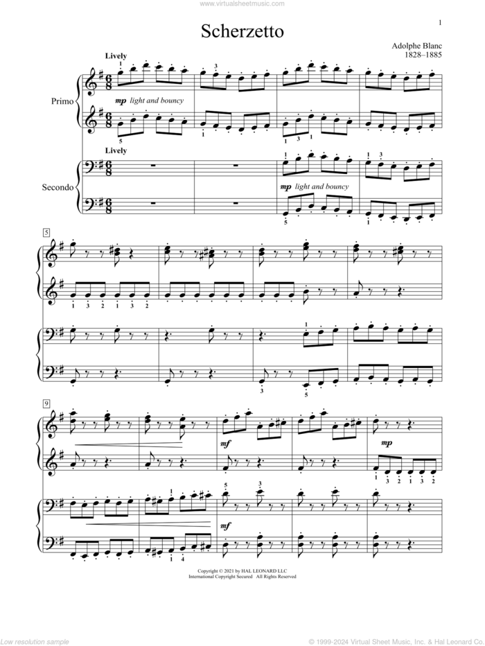 Scherzetto sheet music for piano four hands by Adolphe Blanc, Bradley Beckman and Carolyn True, classical score, intermediate skill level