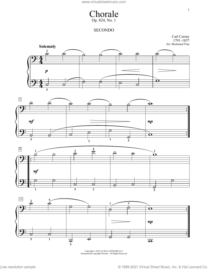Chorale, Op. 824 No. 1 sheet music for piano four hands by Carl Czerny, Bradley Beckman and Carolyn True, classical score, intermediate skill level
