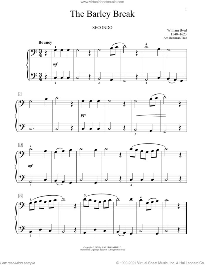 The Barley Break sheet music for piano four hands by William Byrd, Bradley Beckman and Carolyn True, classical score, intermediate skill level