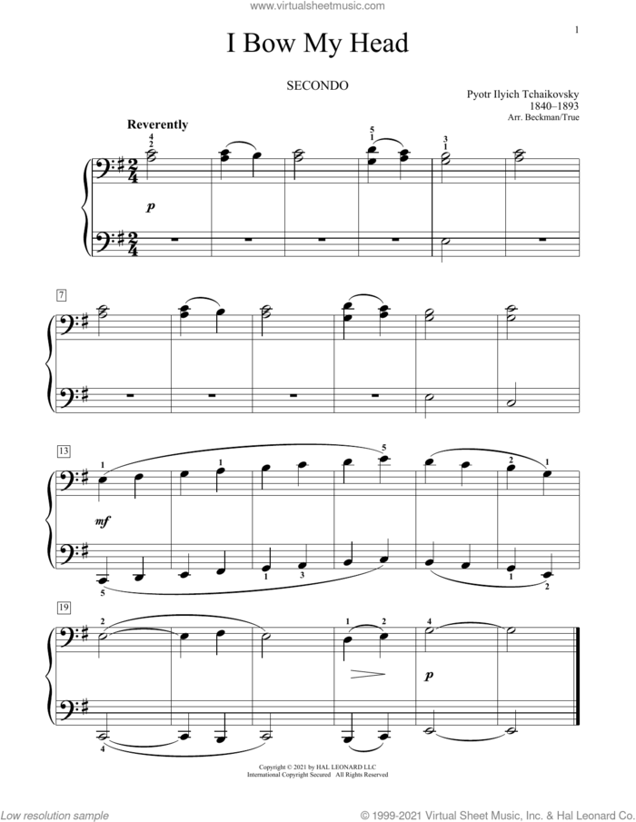 I Bow My Head sheet music for piano four hands by Pyotr Ilyich Tchaikovsky, Bradley Beckman and Carolyn True, classical score, intermediate skill level
