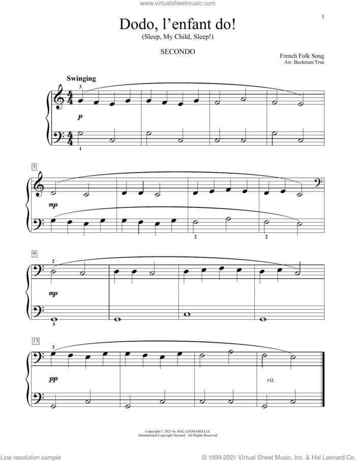 Dodo, L'enfant Do! sheet music for piano four hands by Traditional Folk Song, Bradley Beckman and Carolyn True, classical score, intermediate skill level