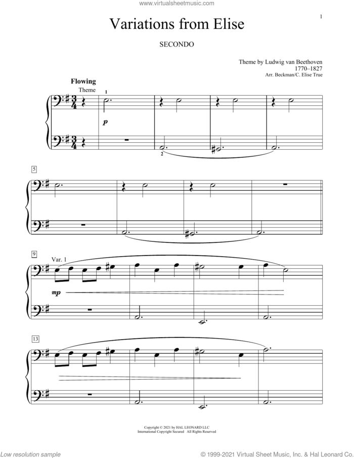 Variations From Elise sheet music for piano four hands by Ludwig van Beethoven, Bradley Beckman and Carolyn True, classical score, intermediate skill level