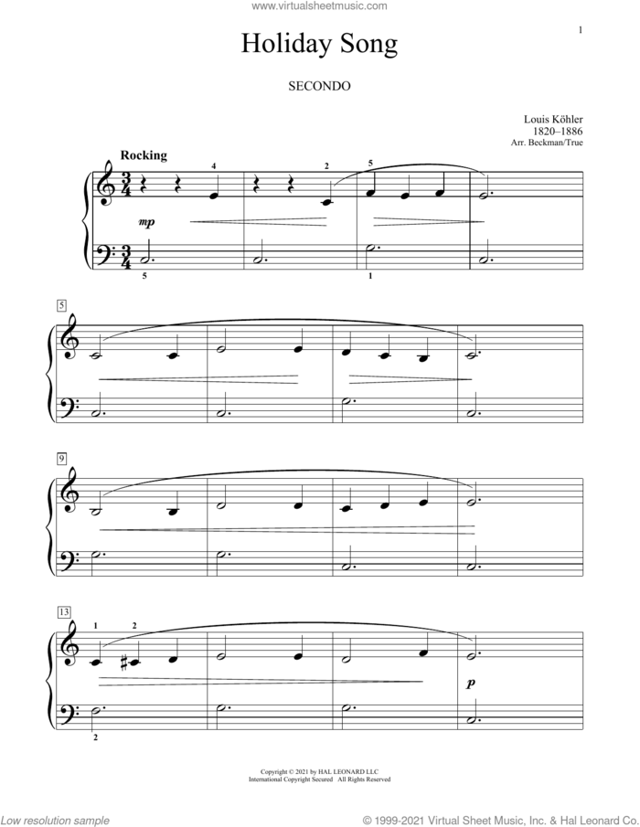 Holiday Song sheet music for piano four hands by Louis Kohler, Bradley Beckman and Carolyn True, classical score, intermediate skill level