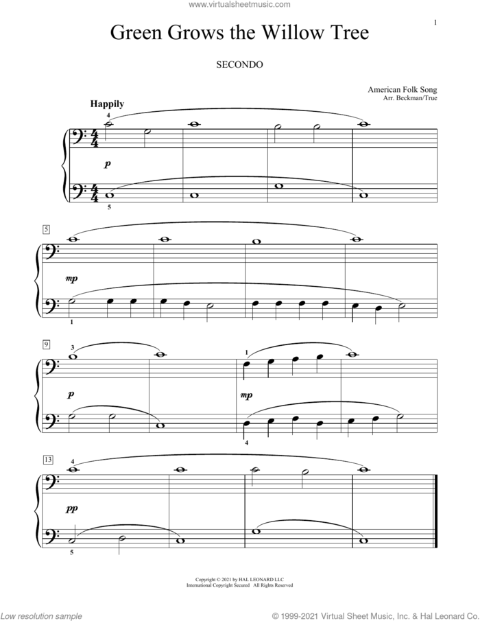 Green Grows The Willow Tree sheet music for piano four hands , Bradley Beckman and Carolyn True, classical score, intermediate skill level