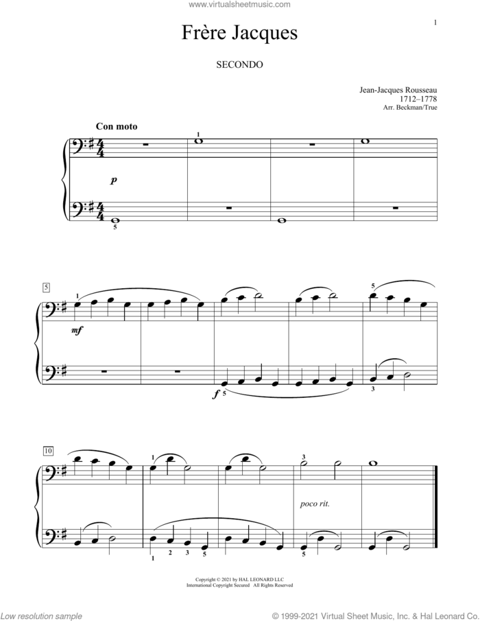 Frere Jacques sheet music for piano four hands by Jean-Jacques Rousseau, Bradley Beckman and Carolyn True, classical score, intermediate skill level