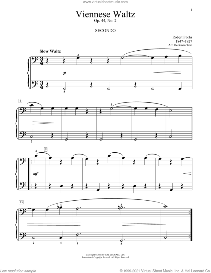 Viennese Waltz, Op. 44, No. 2 sheet music for piano four hands by Robert Fuchs, Bradley Beckman and Carolyn True, classical score, intermediate skill level
