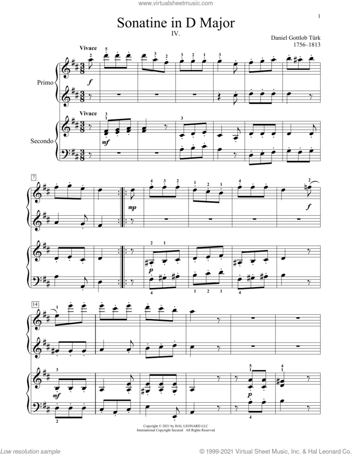 Sonatine In D Major sheet music for piano four hands by Daniel Gottlob Turk, Bradley Beckman and Carolyn True, classical score, intermediate skill level