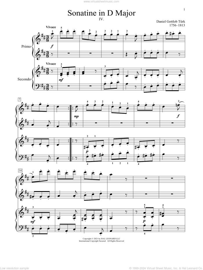 Sonatine In D Major sheet music for piano four hands by Daniel Gottlob Turk, Bradley Beckman, Carolyn True and Daniel Gottlob Turk, classical score, intermediate skill level