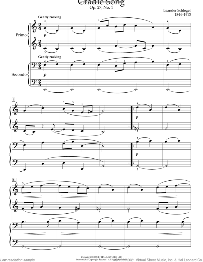 Cradle Song, Op. 27, No. 1 sheet music for piano four hands by Leander Schlegel, Bradley Beckman and Carolyn True, classical score, intermediate skill level