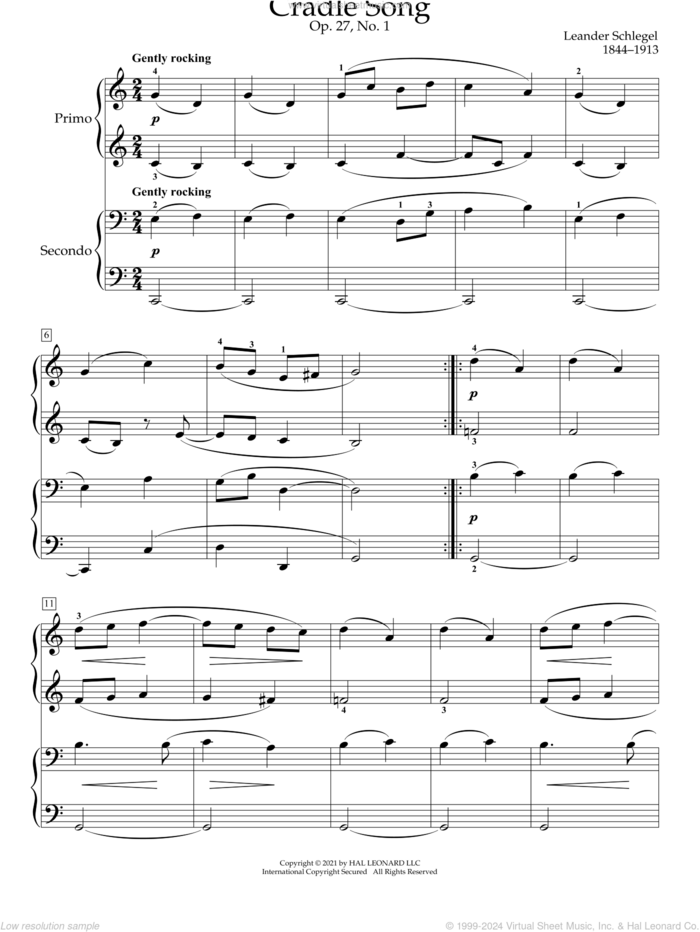 Cradle Song, Op. 27, No. 1 sheet music for piano four hands by Leander Schlegel, Bradley Beckman and Carolyn True, classical score, intermediate skill level