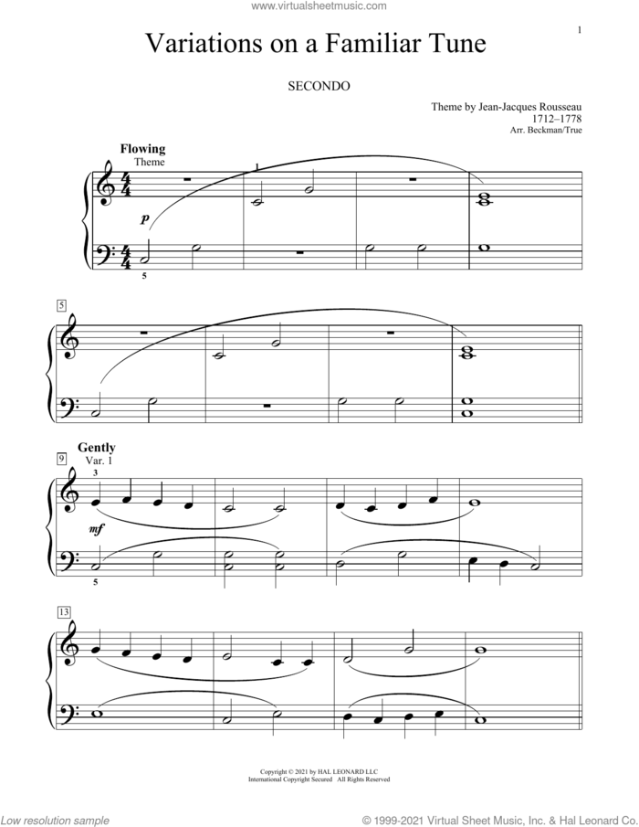 Variations On A Familiar Tune sheet music for piano four hands by Jean-Jacques Rousseau, Bradley Beckman and Carolyn True, classical score, intermediate skill level