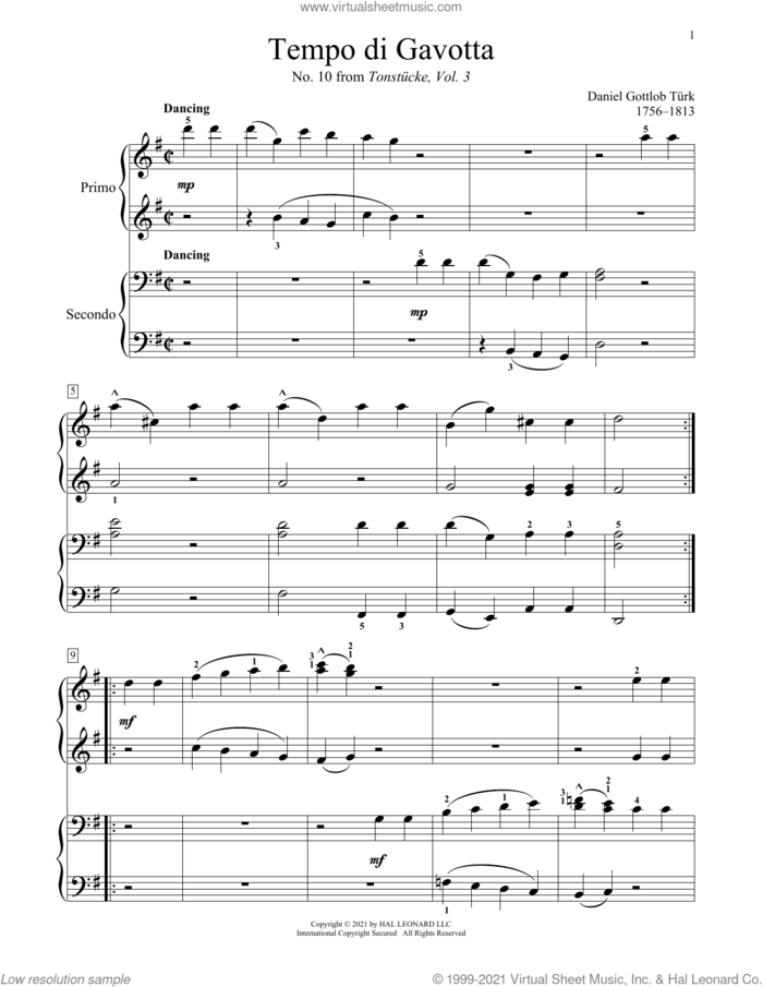 Tempo Di Gavotta (From Tonstucke, Vol. 3, No. 10) sheet music for piano four hands by Daniel Gottlob Turk, Bradley Beckman and Carolyn True, classical score, intermediate skill level