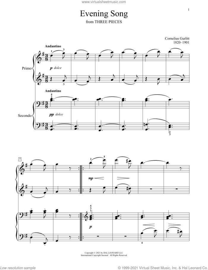 Evening Song (From Three Pieces) sheet music for piano four hands by Cornelius Gurlitt, Bradley Beckman and Carolyn True, classical score, intermediate skill level