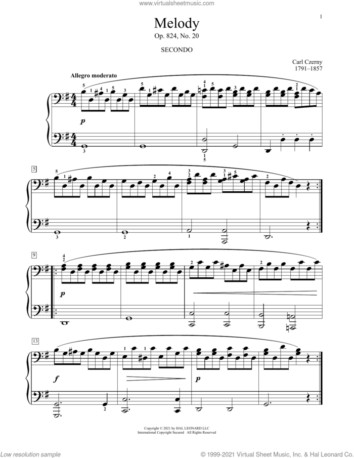 Melody, Op. 824, No. 20 sheet music for piano four hands by Carl Czerny, Bradley Beckman and Carolyn True, classical score, intermediate skill level