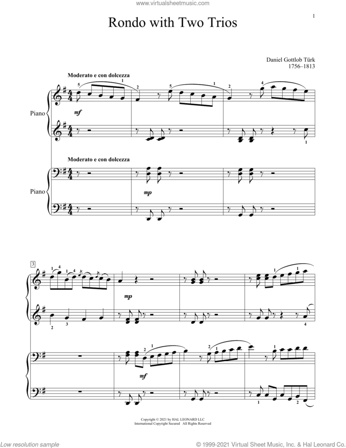 Rondo With Two Trios sheet music for piano four hands by Daniel Gottlob Turk, Bradley Beckman and Carolyn True, classical score, intermediate skill level