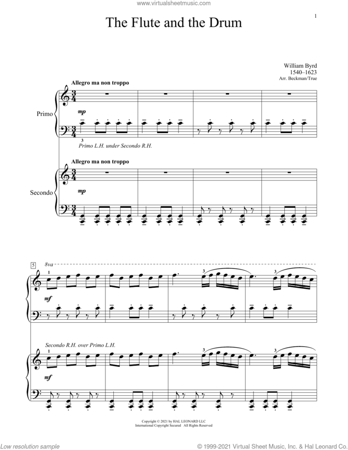 The Flute And The Drum (From The Battle) sheet music for piano four hands by William Byrd, Bradley Beckman and Carolyn True, classical score, intermediate skill level