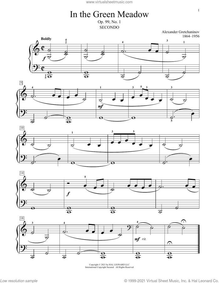 In The Green Meadow, Op. 99, No. 1 sheet music for piano four hands by Alexander Gretchaninov, Bradley Beckman and Carolyn True, classical score, intermediate skill level