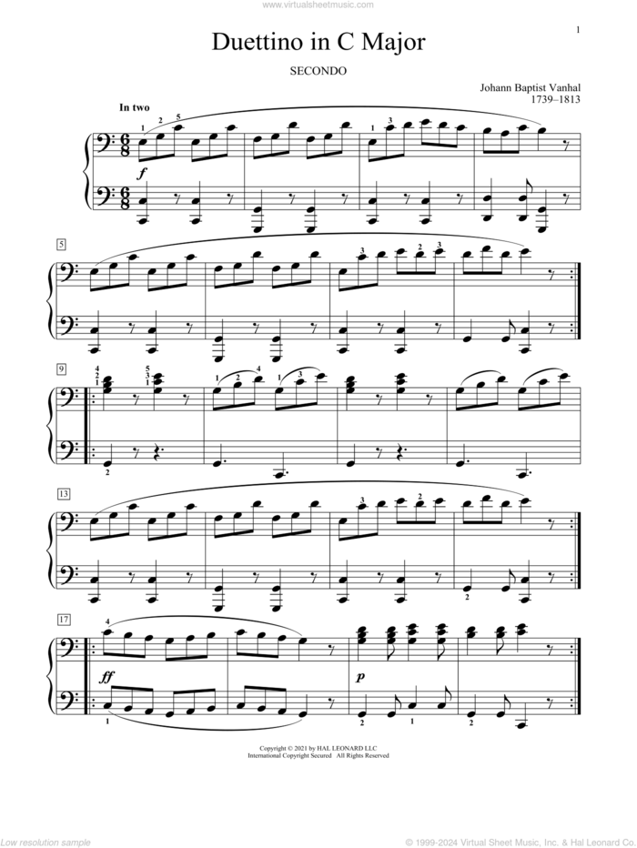 Duettino In C Major sheet music for piano four hands by Johann Baptist Vanhal, Bradley Beckman and Carolyn True, classical score, intermediate skill level